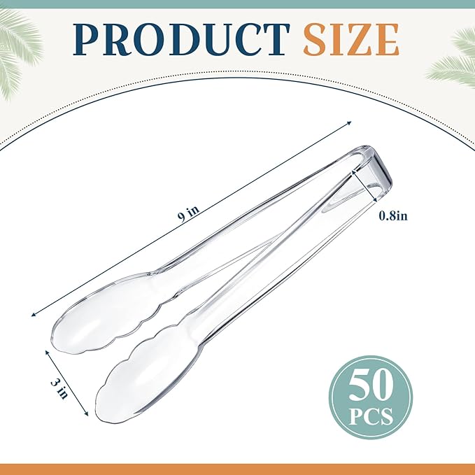 Tessco for you 50 Pcs Plastic Tongs for Serving Bulk, 9 Inch Plastic Disposable Serving Tongs Heavy Duty Salad Utensils for Kitchen Buffets BBQ Events Catering (Transparent)