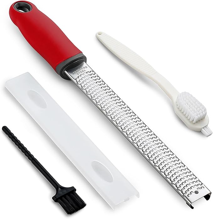 Koythin Zester, Lemon Zester & Cheese Grater with Brush, Heavy Duty Kitchen Tool for Zesting Citrus, Parmesan Cheese, Chocolate, Ginger, Fruits, Stainless Steel with Handle and Cover (Red)