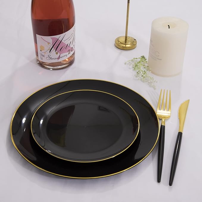 KIRE 60PCS Black Plastic Plates - Black Disposable Plates with Gold Rim for Halloween Party/Graduation - Include 30Pcs 10.25inch for Dinner and 30Pcs 7.5inch for Dessert