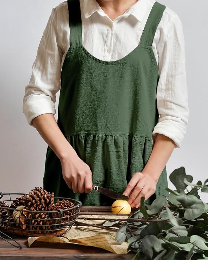 Uaussi Cotton Linen Apron Cross Back Work Apron for Women with Pockets Pinafore Dress X Cross Halter Apron for Chef Gardening