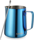 Milk Frothing Pitcher, 350ml (12oz) Steaming Pitchers Stainless Steel Milk Coffee Cappuccino Latte Art Barista Steam Pitchers Milk Jug Cup with Decorating Art Pen, Blue