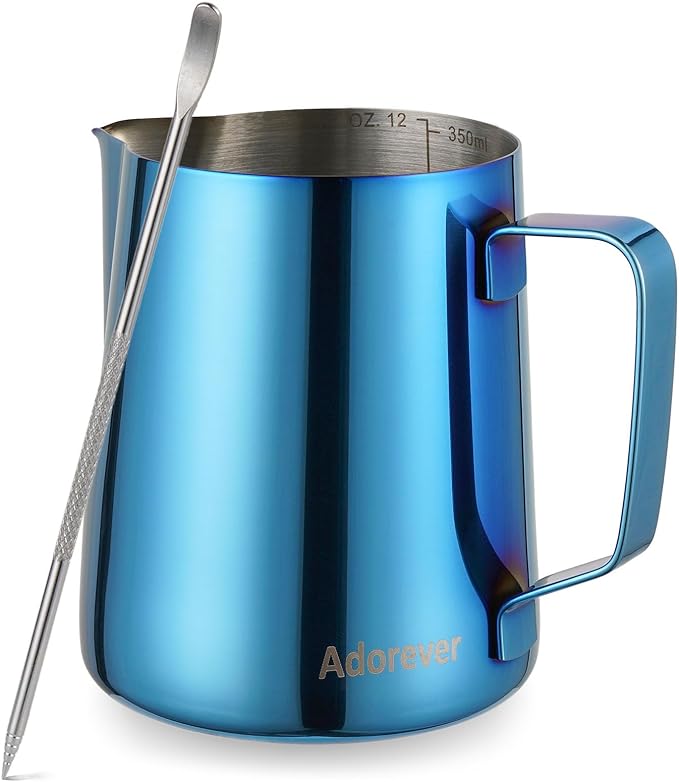 Milk Frothing Pitcher, 350ml (12oz) Steaming Pitchers Stainless Steel Milk Coffee Cappuccino Latte Art Barista Steam Pitchers Milk Jug Cup with Decorating Art Pen, Blue