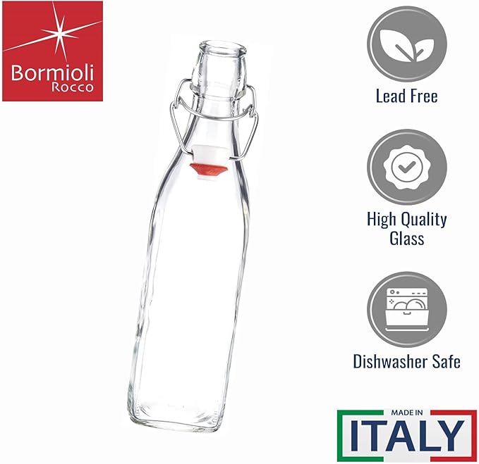 Bormioli Rocco 17oz Swing Bottle (Set of 4) - Reusable Glass Bottles with Airtight Leakproof Swing Tops, BPA-Free Office Water Bottle, Great for Homemade Syrups, Dressings, Infused Oils, Fresh Juices