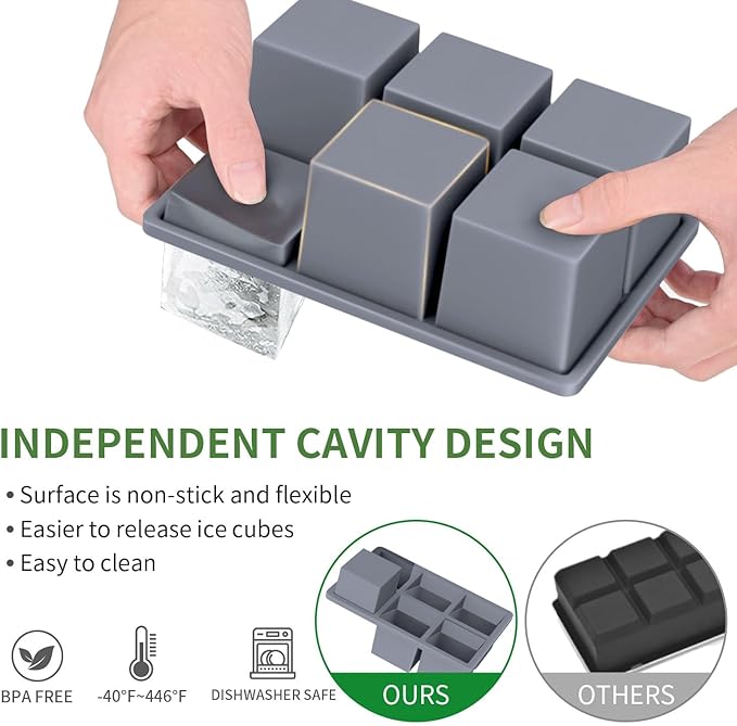 Large Ice Cube Tray for Whiskey: FDDBI Big Square Ice Cube Maker for Cocktail - 3Pack Silicone Old Fashioned Ice Cube Trays - 2inch Huge Cubed Ice Trays for Whisky