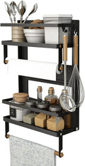 EASTTOWEST Magnetic Spice Rack,4 Tier Kitchen Magnetic Shelf for Refrigerator Fridge Organizer with 2 Paper Towel Holders and 5 Removable Hooks,Matte Black