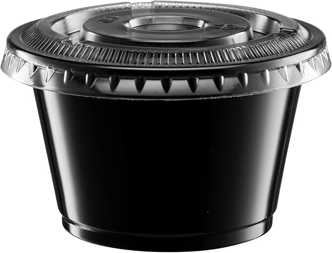 (4 oz - 100 Sets) Black Diposable Plastic Portion Cups With Lids, Small Mini Containers For Portion Controll, Jello Shots, Meal Prep, Sauce Cups, Condiments, Medicine, Dressings,