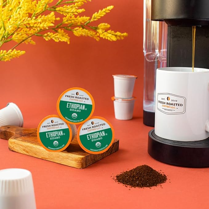 Fresh Roasted Coffee, Organic Ethiopian Sidamo | Fair Trade, USDA Organic, 100% Single Origin, Kosher | Light Roast 72 Pods for K Cup Brewers