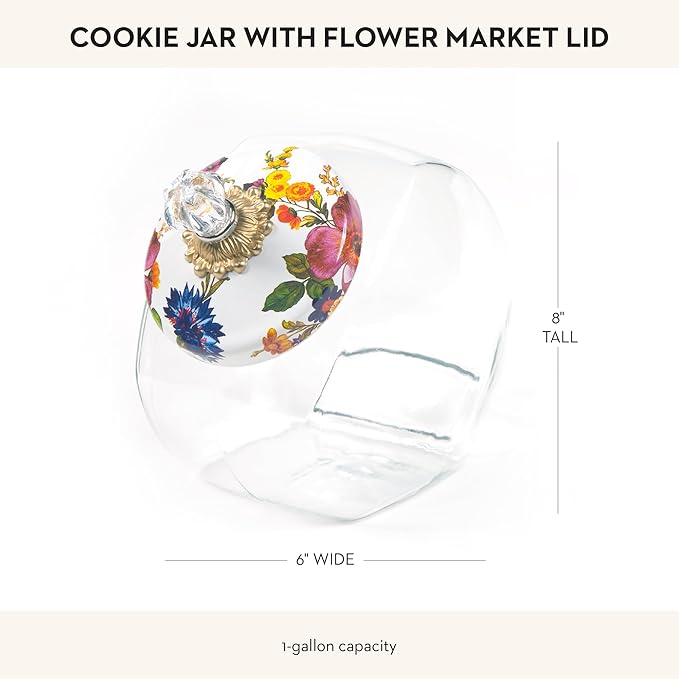 MACKENZIE-CHILDS Cookie Jar with Enamel Lid, Large Glass Treat Jar or Kitchen Jar, 1-Gallon Capacity, White Flower Market