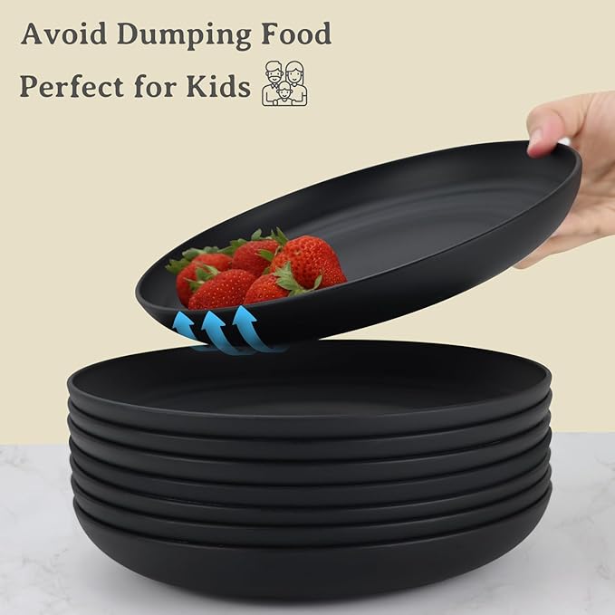 Wrova Wheat Straw Plates - 8 Inch Unbreakable Dinner Plates Set of 8 - Dishwasher & Microwave Safe Plastic Plates Reusable - Lightweight Plates for kitchen,R.V (pure black)