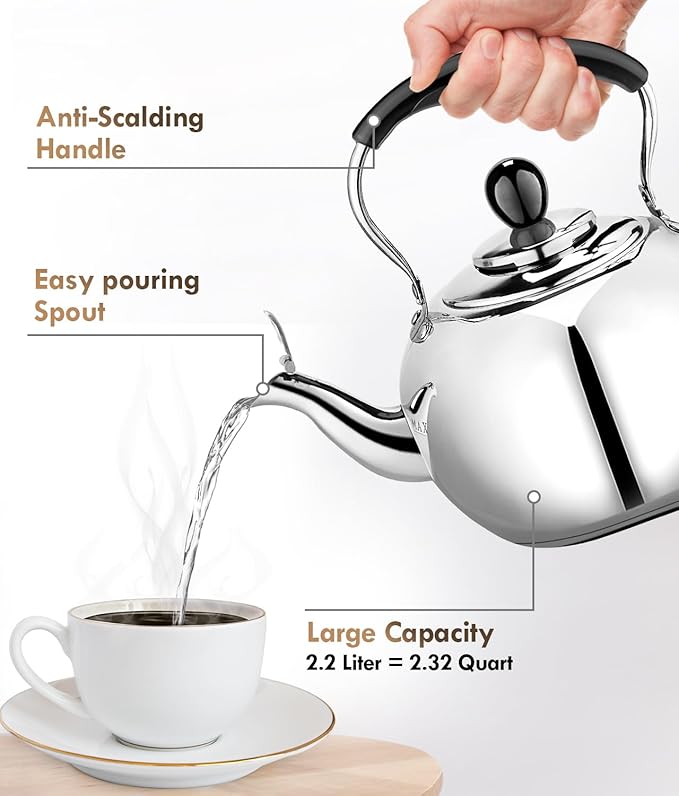Dclobtop Whistling Tea Kettle Stovetop - 2.3 Quart Round Tea Pot for Stovetop, Silver Mirror Polished Classic Stovetop Kettle, Food Grade Material Teapot for Stove Top
