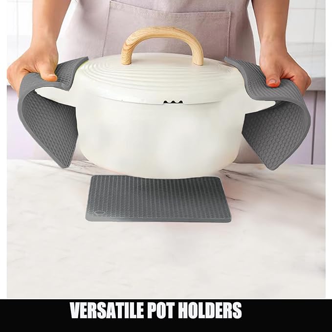 Oven Mitts and Potholders BBQ Gloves-Oven Mitts and Pot Holders with Recycled Infill Silicone Non-Slip Cooking Gloves for Cooking Baking Grilling (4-Piece Set) (Black Grey)
