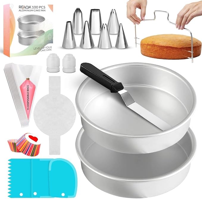 RFAQK 100PCs Anodized Aluminum Cake Pans Sets for Baking - 8 inch Round Cake Pans with Cake Leveler, Piping Bags, Icing Tips, 30 Parchment Papers, 40 Cupcake Liners & Icing Spatula for Cake Decorating