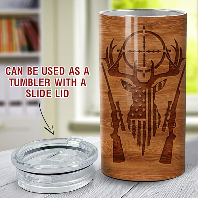 SANDJEST Hunting Tumbler Wood Style American Flag 4 in 1 12oz Tumbler Can Cooler Coozie Skinny Stainless Steel Tumbler Gift for Men Dad Best Friends Hunting Lovers Christmas Birthday Fathers Day