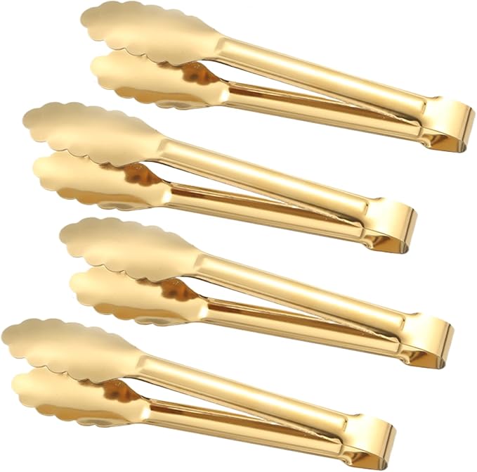 Gold Serving Tongs & Utensils, 4 Pack 9 Inch Non-slip Grip Stainless Steel Gold Tongs for Serving Food, Buffet, Party, Salad & Ice