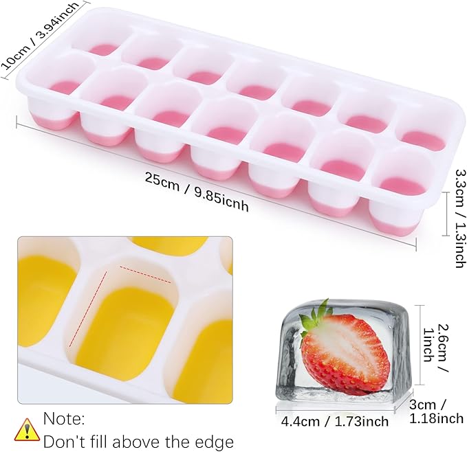 Silicone Ice Cube Tray, 4 Pack Easy-Release & Flexible 14-Ice Cube Trays with Spill-Resistant Removable Lid, Stackable Ice Trays with Covers for Freezer, Cocktail (Pink)