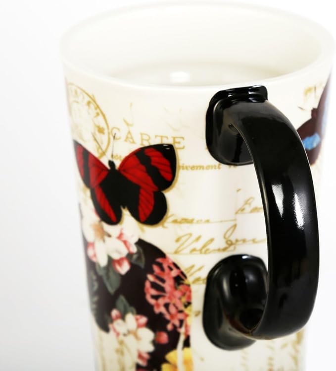 Topadorn 17oz Ceramic Travel Coffee Mug with Sealed Lid Tea Cup with Color Box, Microwave & Dishwasher Safe Unique Mug, Holiday Gift Her Him, Flower & Butterfly