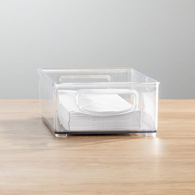 mDesign Small Plastic Office Storage Container Bins w/Handles for Organization in Filing Cabinet, Closet Shelf, Desk Drawers, Organizer for Notes, Pens, Pencils - Ligne Collection, 2 Pack - Clear