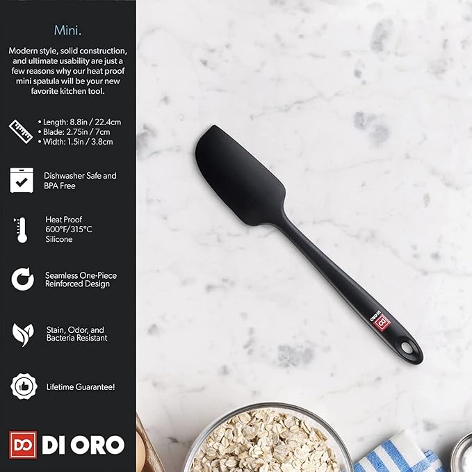 DI ORO Seamless Series Mini Silicone Spatula - BPA Free Pro-Grade 600ºF Heat-Resistant Non-Stick Small Rubber Jar Spatula - Silicone Kitchen Scraper Utensil Tool for Cooking and Baking (Black)