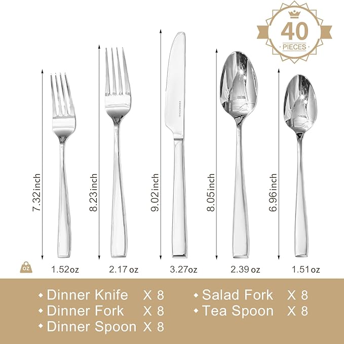 KINGSTONE Mirror Polish Silverware Set for 8, 40-Piece 18/10 Stainless Steel Flatware Set, Dishwasher Safe Cutlery Set for Wedding, Home, Restaurant, Knives Spoons and Forks Set