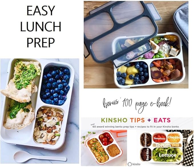 Bento Lunch Box For Adults, Kids | Leakproof Meal Prep Portion Control Boxes Japanese Style for Boys Teens 3 Compartment Slim Container For Work, School | Eco-friendly Divided Containers, Grey - Black