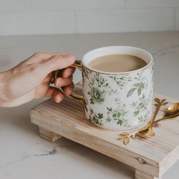 Sweet Water Decor Green Delft Coffee Mug, Vintage Green Floral Design with Gold Handle & Rim, 14oz Fine Bone China Tea Cup, Cute Gifts for Mother's Day, Baby Shower, Christmas & Mom's Birthday