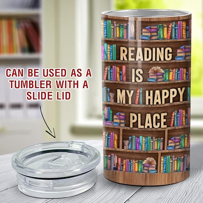 SANDJEST Book Lovers Tumbler Bookshelf 4 in 1 12oz Tumbler Can Cooler Coozie Skinny Stainless Steel Tumbler Gift for Librarian Book Lover Women Readers Bookworm Christmas Holiday Birthday