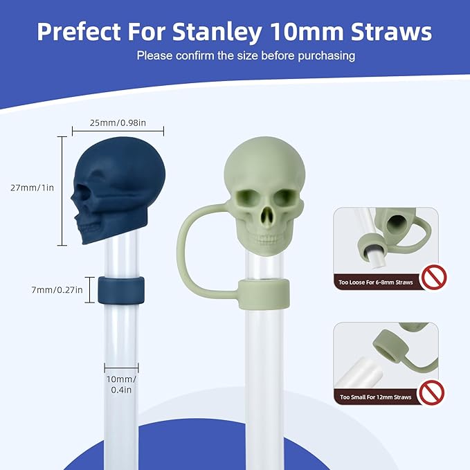 Straw Covers Cap Compatible with Stanley Cup 30 40oz with Handle - 6Pcs 10mm/0.4in Silicone Straws Toppers - Cute Funny Cool Skull Shape Straw Tumbler Accessories for Man & Woman - Reusable&Dust-proof