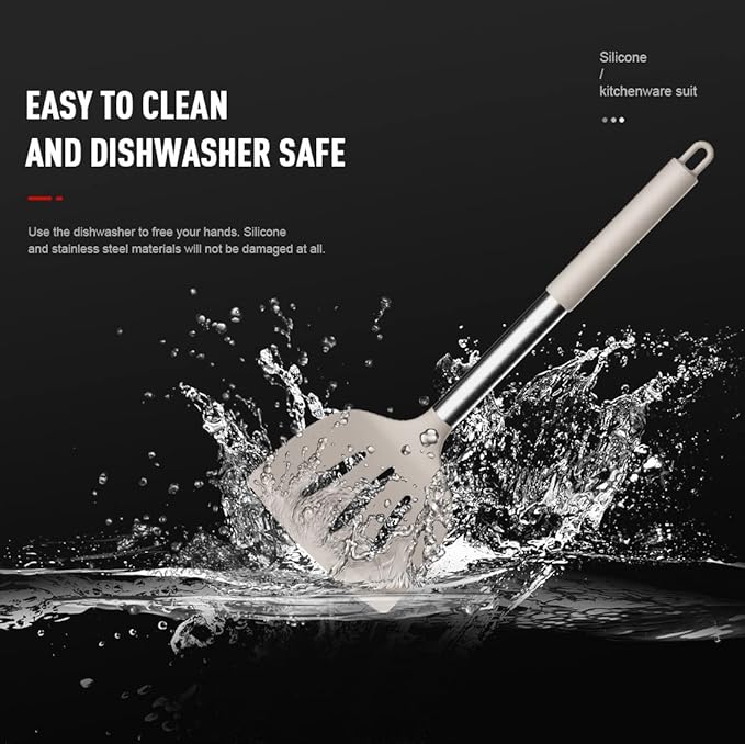 Large Silicone Cooking Utensils Set - Heat Resistant Kitchen Utensils,Turner Tongs,Spatula,Spoon,Brush,Whisk,Stainless Steel Silicone Cooking Tool for Nonstick Cookware,Dishwasher Safe (Khaki)