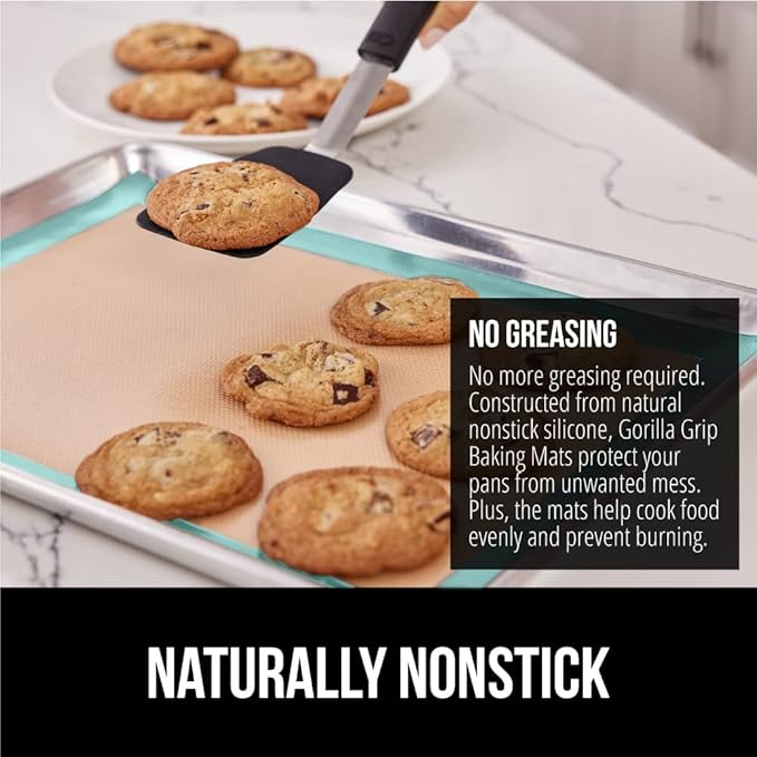 GORILLA GRIP Reusable Nonstick Silicone Baking Mat, 2-Pack, BPA-Free Oven Safe Food Liner for Toaster Ovens, Mini Cookie Sheets, Easy Clean, Holiday Baking Essentials, 11.75x8.25, Quarter Sheet, Mint