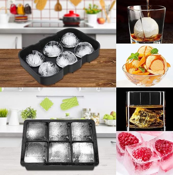 LessMo Ice Cube Trays Ice Ball Maker with Lids 2 Pack, Silicone Sphere Round Ice Mold & Large Square Ice Cube Molds Reusable & BPA Free for Freezer, Whiskey, Chilled Drinks, Black