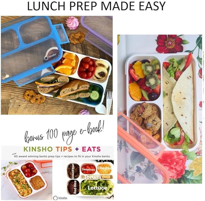 kinsho Bento Lunch Boxes for Adults or Kids | Large 3 Compartment Containers with Dividers for Meals and Snacks for School or Work Lunches, Women Men Includes Utensils | Coral Blue 2 pack