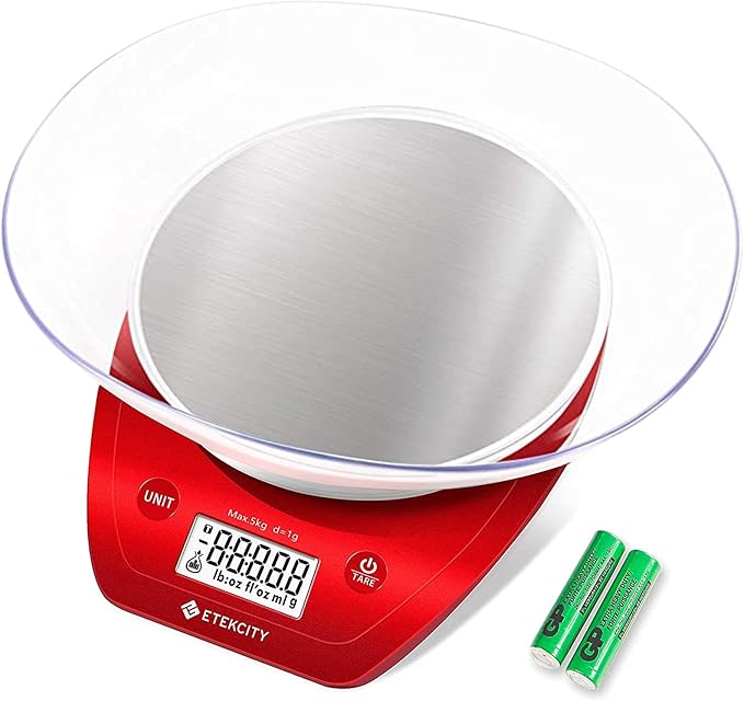 Etekcity 0.1g Food Kitchen Scale, Bowl, Digital Grams and Ounces for Weight Loss, Dieting, Baking, Cooking, and Meal Prep, 11lb/5kg, Stainless Steel Red