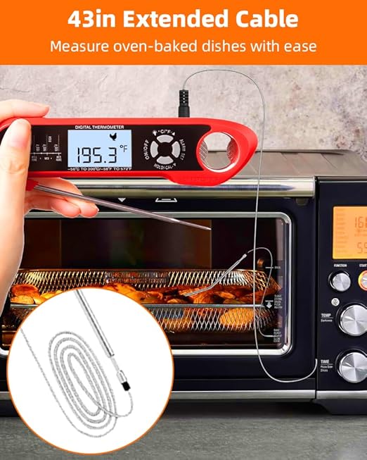 Brigii Meat Thermometer, Instant Read Digital Thermometer-Waterproof/Backlight, 43in Extended Probe and Folding Probe, Oven-Safe Design, Kitchen Food Thermometer for Deep Fry, Grilling, BBQ