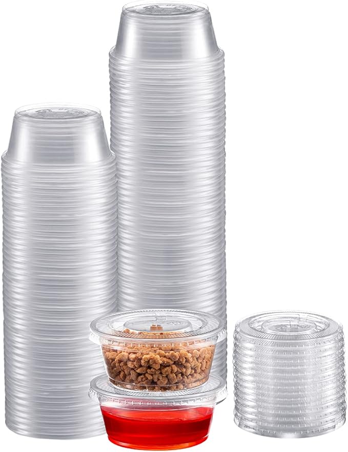 Portion Cups with Lids (2 Ounces, 100 Pack) | Disposable Plastic Cups for Meal Prep, Portion Control, Salad Dressing, Jello Shots, & Medicine | Small Plastic Condiment Container