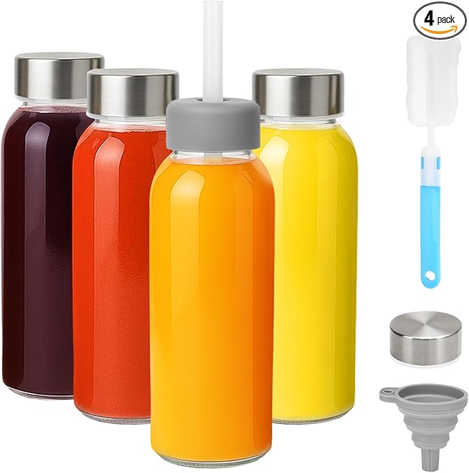 Zukro Clear Glass Juice Bottles 10.5 oz, 4 Pack Reusable 300ml Glass Jars With Airtight Stainless Steel Lids for Juicing, Milk, Ginger Shot, Smoothie, Leak Proof Small Water Container, BPA Free