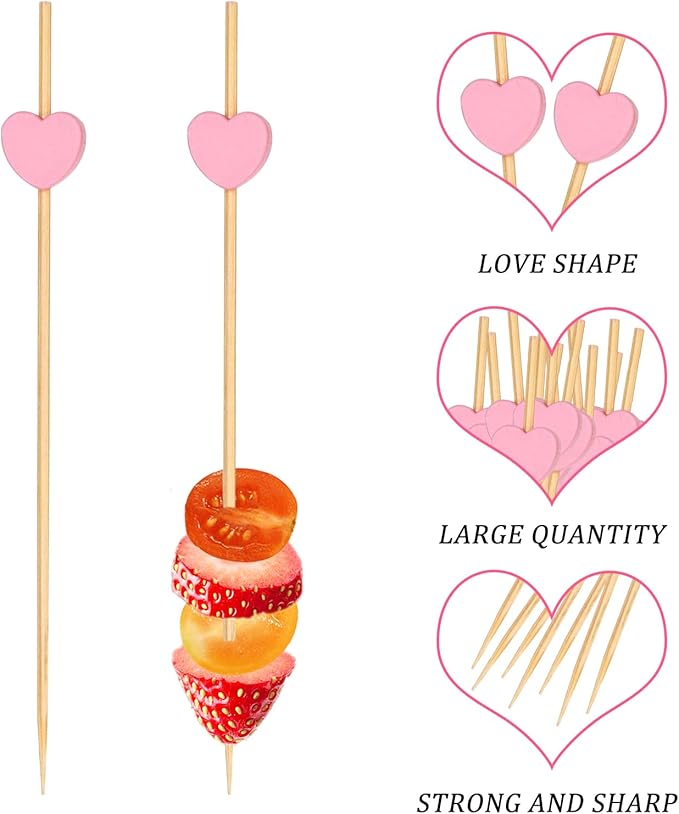 500 Pieces Pink Heart Toothpicks 4.7 Inch Fancy Bamboo Cocktail Picks for Frozen Appetizers Long Fruit Charcuterie Drink Sticks Wedding Party Valentines Day Decoration Party Supplies