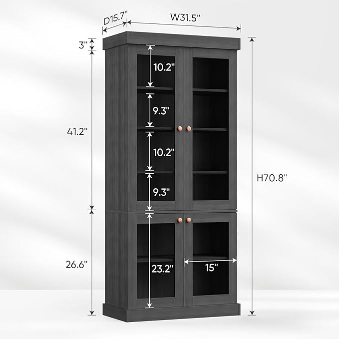 70.8" Bookshelf with Glass Doors, Farmhouse Modular Bookcase with 6-Tier Adjustable Shelves, Large Storage Cabinet for Living Room & Home Office, Set of 3, Black
