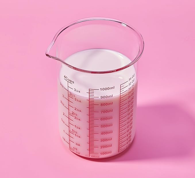 High Borosilicate Glass Measuring Cup-V-Shaped Spout，Glass Measuring Beaker for Kitchen or Restaurant, Easy to Read, 1000 ML (32 Oz, 4Cup)