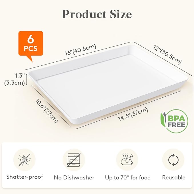 Lifewit Plastic Serving Tray for Party Supplies, 16" x 12" White Trays for Serving Food, Reusable Large Platter for Buffet, Fruit, Dessert, Snack, Veggie, Kitchen and Outdoor Use, Rectangle, 6 Pcs