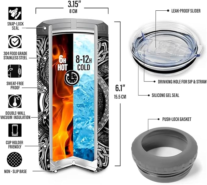 SANDJEST Wolf Tumbler Raven Viking 4 in 1 12oz Tumbler Can Cooler Coozie Skinny Stainless Steel Tumbler Gift for Men Dad Son Father Husband Christmas Birthday