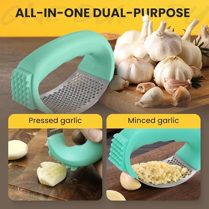 Garlic Press Rocker Stainless Steel, Garlic Crusher with Peeler & Cleaning Brush, Easy to Use Garlic Mincer for Kitchen Cooking, Ergonomic Garlic Chopper Tool, Durable Garlic Presser Gadget (Black)