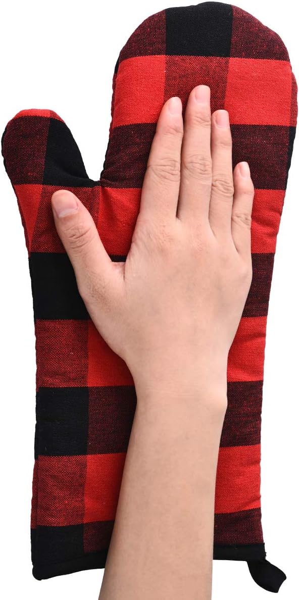 Oven Mitts and Potholders BBQ Gloves-Oven Mitts and Pot Holders with Recycled Infill Silicone Non-Slip Cooking Gloves for Cooking Baking Grilling (4-Piece Set) (Black/Red)