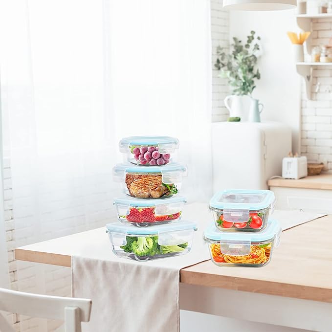 Glass Food Storage Containers with Lids Airtight 6 Pack, Glass Storage Containers with Lids for Food, Not Easy Broken & Leak Proof, Oven/Dishwasher Safe, Blue