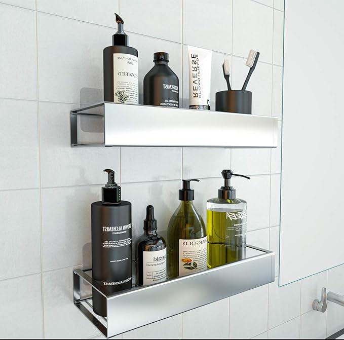 Bathroom Adhesive Shower Caddy Basket Shelf with Hooks, No Drilling Removable Bathroom Shelf Organizer,Stainless Steel Rustproof Shower Rack for Shampoo Storage, Sponge Holder-Silver