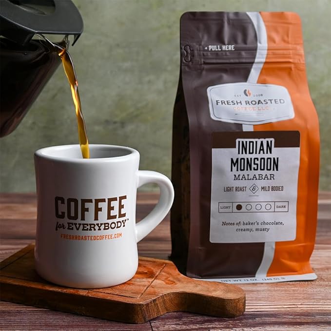 Fresh Roasted Coffee, Indian Monsoon Malabar, 12 oz, Light Roast, Kosher, Whole Bean