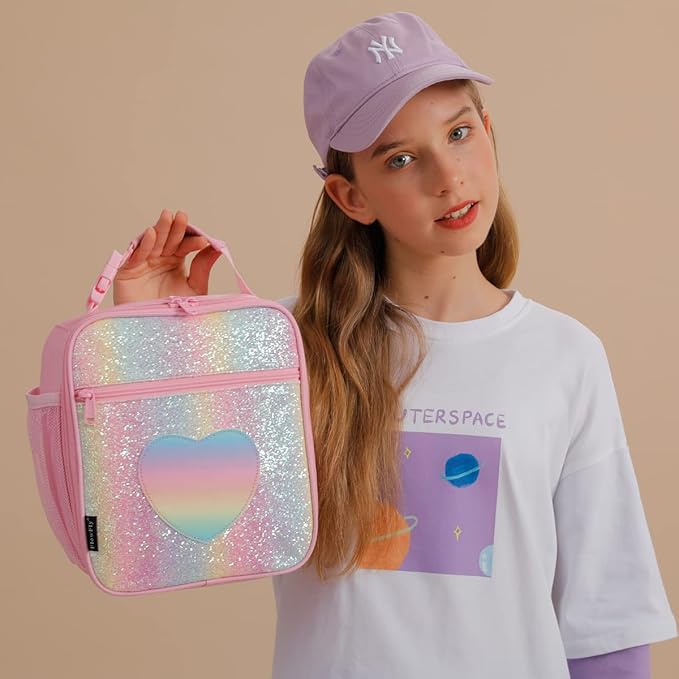 FlowFly Kids Lunch box Insulated Soft Bag Mini Cooler Back to School Thermal Meal Tote Kit for Girls, Boys, Glitter-RainBow