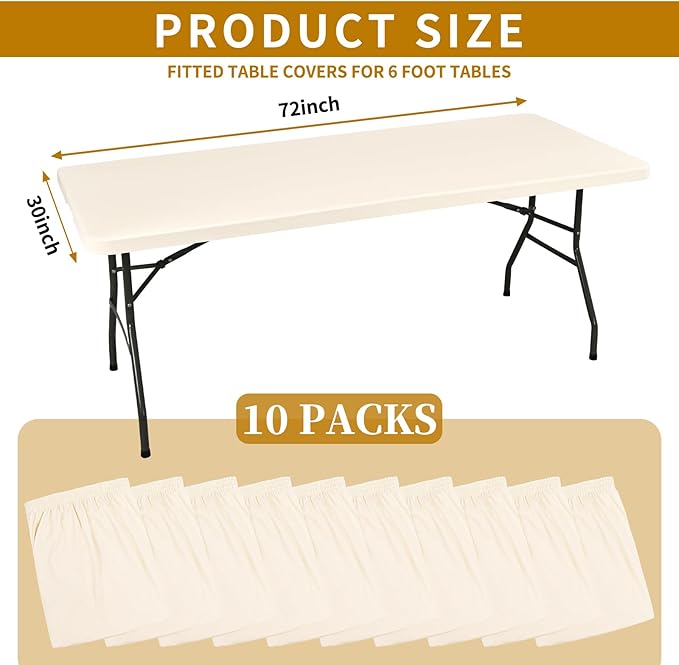 10 Pack Fitted Tablecloth for 6 Foot Rectangle Tables, Ivory Elastic Outdoor Picnic Table Cover, Washable Stretch Folding Table Cloths 6 ft for Camping Party Patio Kitchen Banquet, 30" W x 72" L