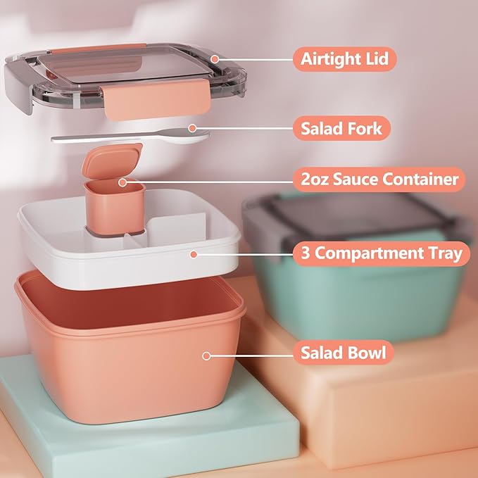 Cherrysea Salad Lunch Box, 2Pack Bowls with 3 Compartments, Leak Proof with Fork & Sauce Container - Green+Pink