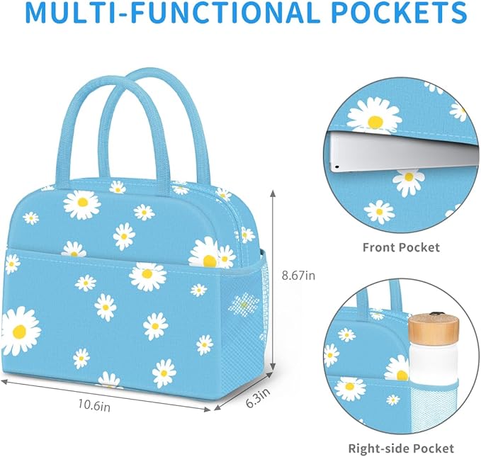 DALINDA Lunch Bag Lunch Box for Women Men Reusable Insulated Lunch Tote Bag,Food Handbags Case High Capacity for Travel Work Picnic,Sky Blue Daisy