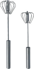 Stainless Steel Push Whisk - Easy to Use Manual Hand Mixer & Plunger Whisk - Make Froth, Foam & Whipped Cream - Semi Auto Egg Beater Plastic Tip Won’t Scratch Pans (2 Pack 10in & 12in) STEEL
